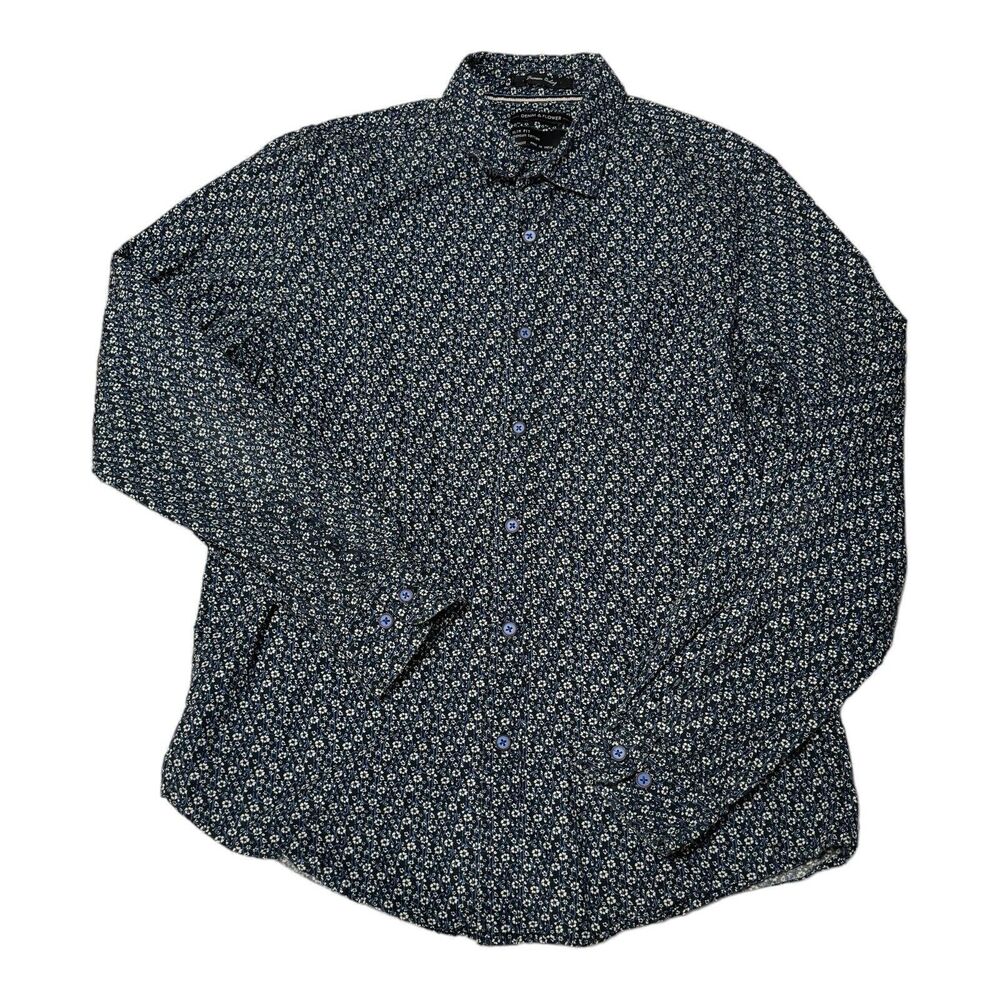 Denim & Flower Button Down Shirt Men's M‎ Short Sleeve Blue Floral Slim Fit